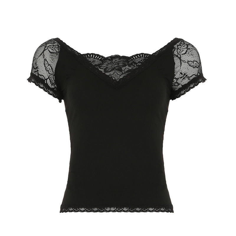 Slimming Lace Patchwork V Neck Short Sleeve Top