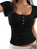 Autumn Winter Lace-trimmed Button V-Neck Fashionable Short-Sleeve Slim-fit Long-Sleeve Top