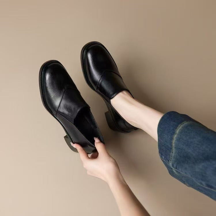 Chunky-heeled Non-slip Soft Leather Pumps Slip-on Loafers