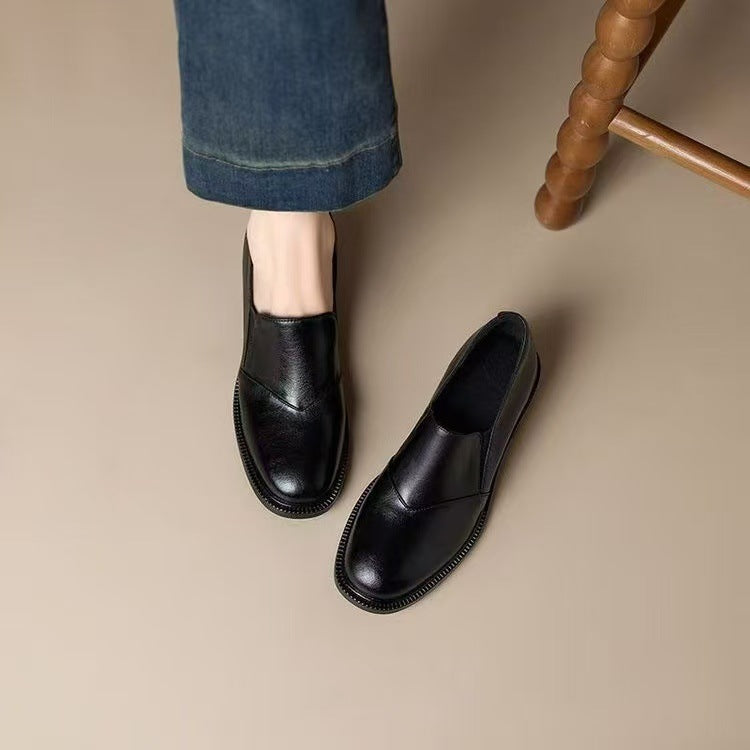Chunky-heeled Non-slip Soft Leather Pumps Slip-on Loafers