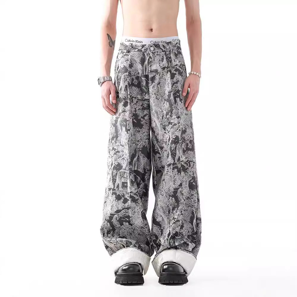New National Fashion Heavy Industry Jacquard Design New Chinese Style Rag-eared Casual Pants Men