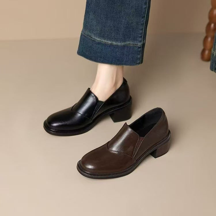 Chunky-heeled Non-slip Soft Leather Pumps Slip-on Loafers