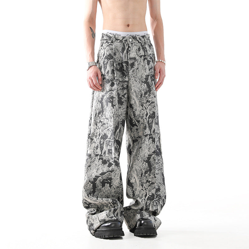 New National Fashion Heavy Industry Jacquard Design New Chinese Style Rag-eared Casual Pants Men