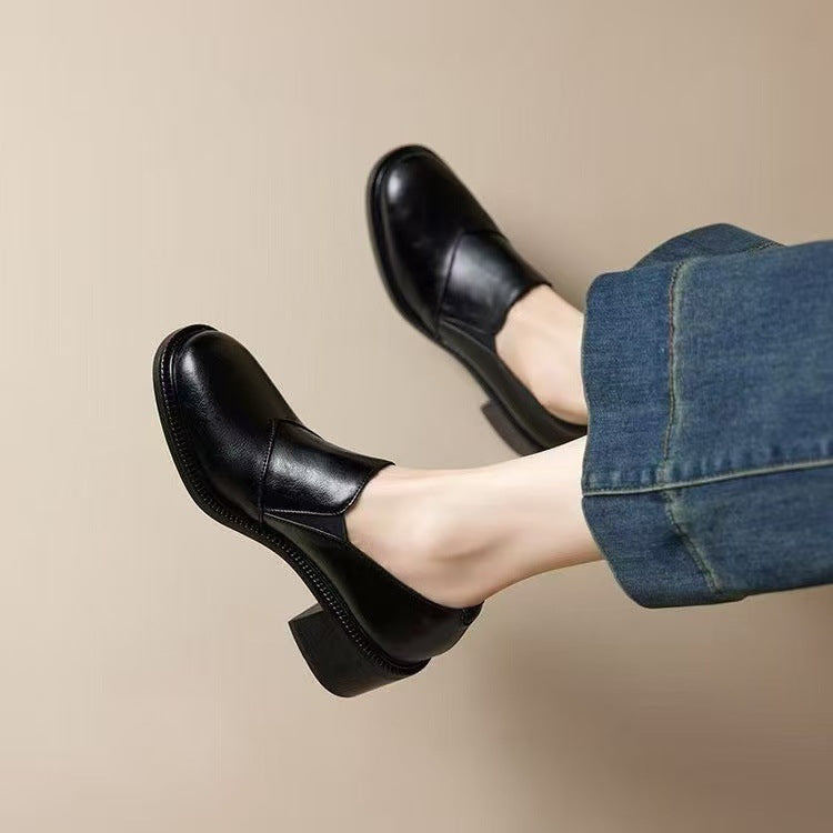 Chunky-heeled Non-slip Soft Leather Pumps Slip-on Loafers