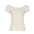 Slimming Lace Patchwork V Neck Short Sleeve Top