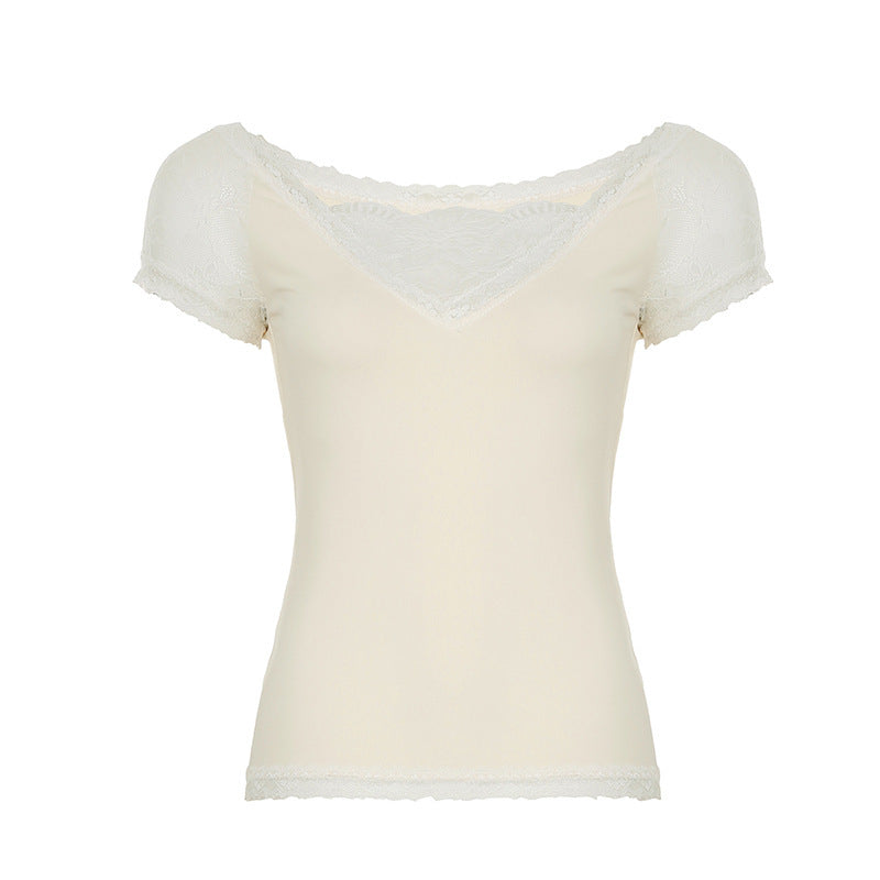 Slimming Lace Patchwork V Neck Short Sleeve Top